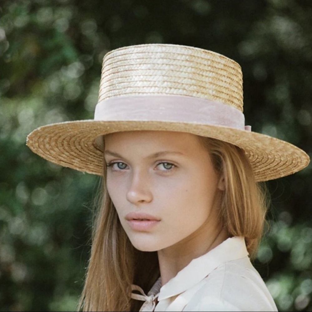 NEW Lack of Color Boater Natural Paper Straw Hat Pink Velour Bow